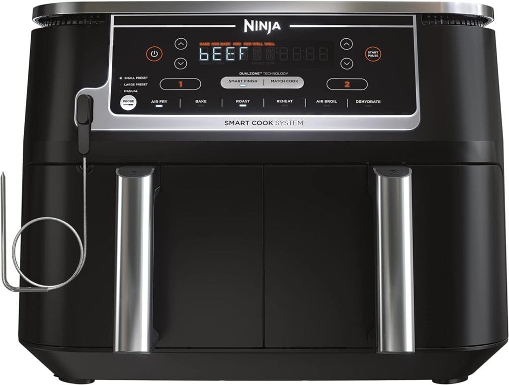 Ninja DZ550 Foodi 10 Quart 6-in-1 DualZone Smart XL Air Fryer with 2 Independent Baskets, Thermometer for Perfect Doneness, Match Cook  Smart Finish to Roast, Dehydrate  More, Grey