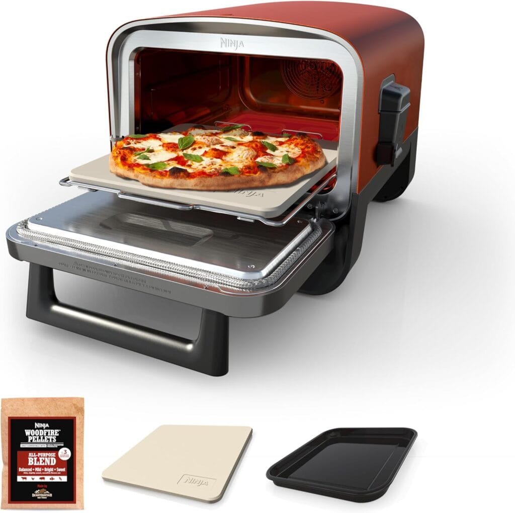 Ninja Woodfire Pizza Oven, 8-in-1 outdoor oven, 5 Pizza Settings, Ninja Woodfire Technology, 700°F high heat, BBQ smoker, wood pellets, pizza stone, electric heat, portable, terracotta red, OO101