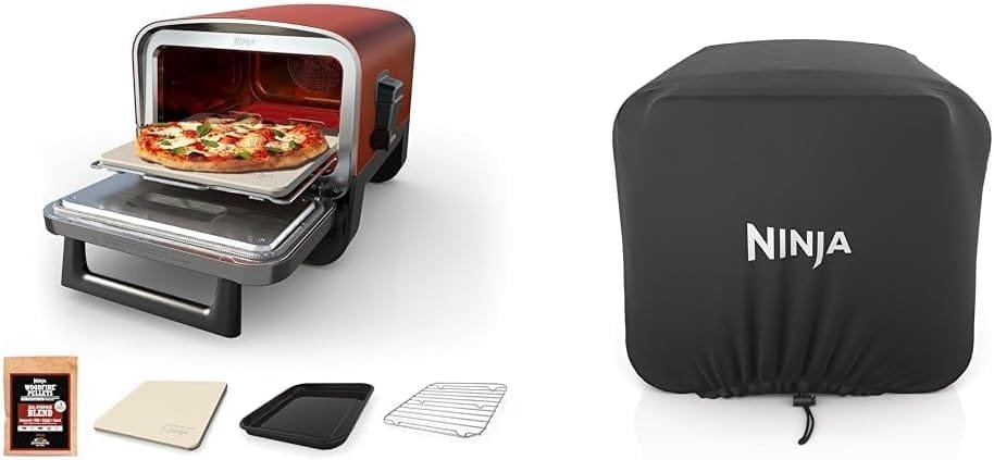 Ninja Woodfire Pizza Oven, 8-in-1 outdoor oven, 5 Pizza Settings, Ninja Woodfire Technology, 700°F high heat, BBQ smoker, wood pellets, pizza stone, electric heat, portable, terracotta red, OO101