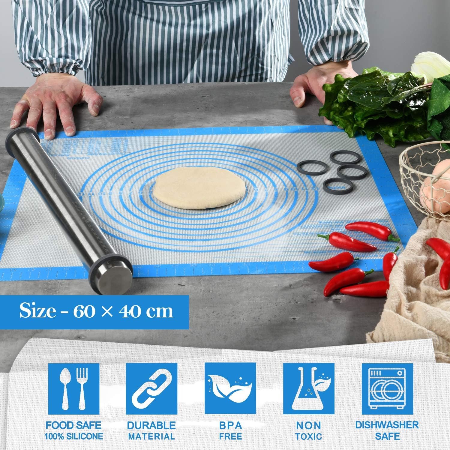 Nonstick Silicone Pastry Mat Extra Large with Measurements 28By 20 for Silicone Baking Mat, Counter Mat, Dough Rolling Mat,Fondant/Pie Crust Mat By Folksy Super Kitchen