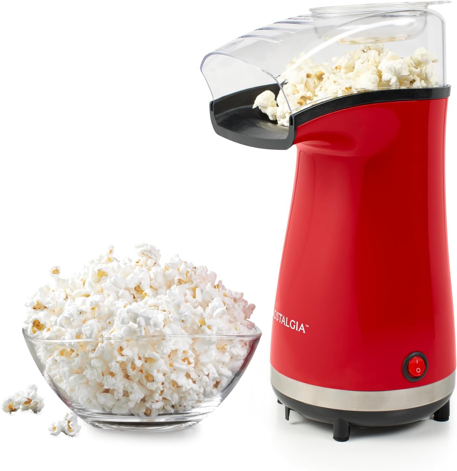 Nostalgia 16 Cup Hot Air Popcorn Maker | Makes Hot, Healthy Popcorn, No Oil Needed | Measuring Cap for Kernels Included | Red