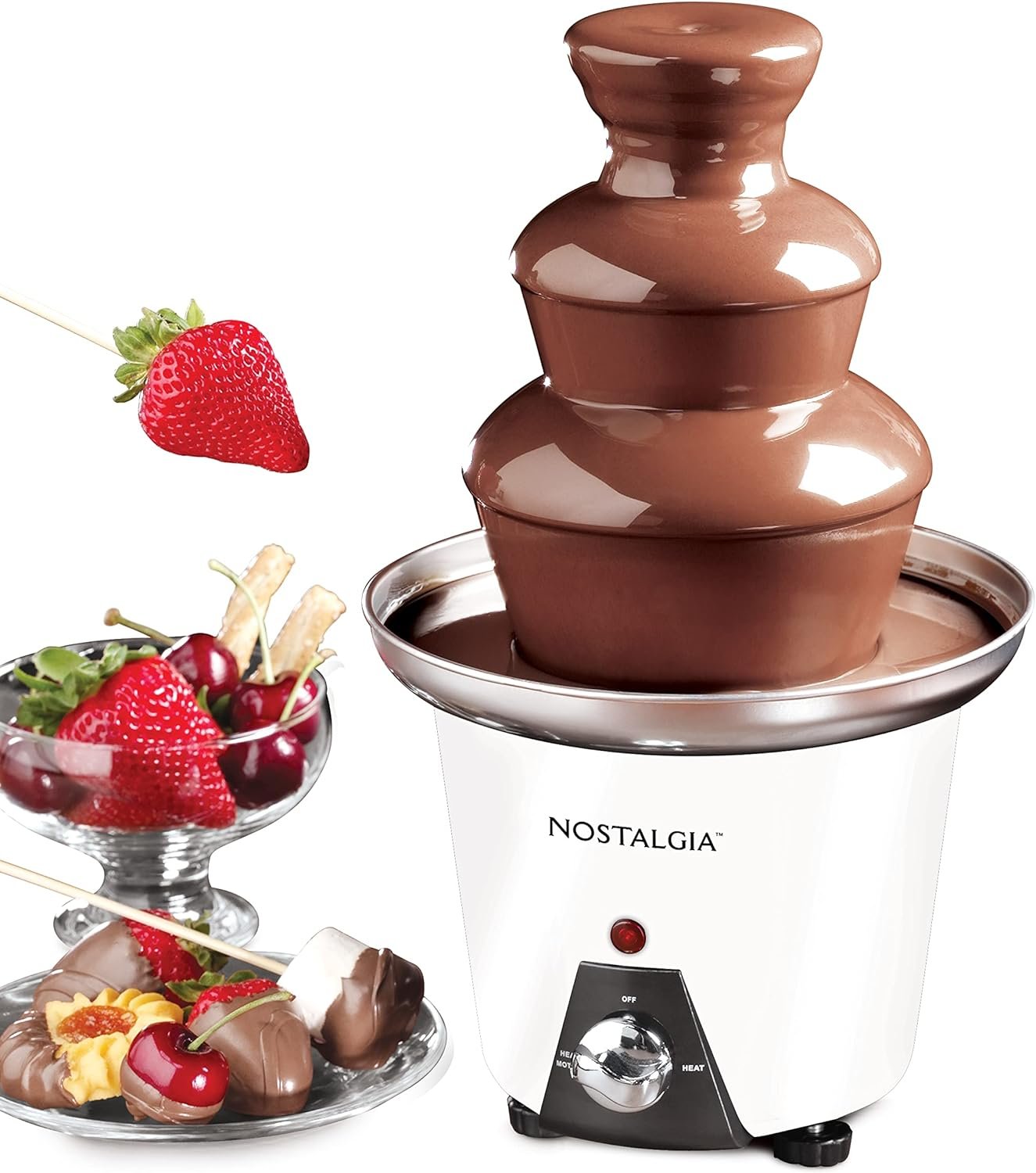 Nostalgia 3 Tier Electric Chocolate Fondue Fountain Machine for Parties - Melts Cheese, Queso, Candy, and Liqueur - Dip Strawberries, Apple Wedges, Vegetables, and More - 24-Ounce - White