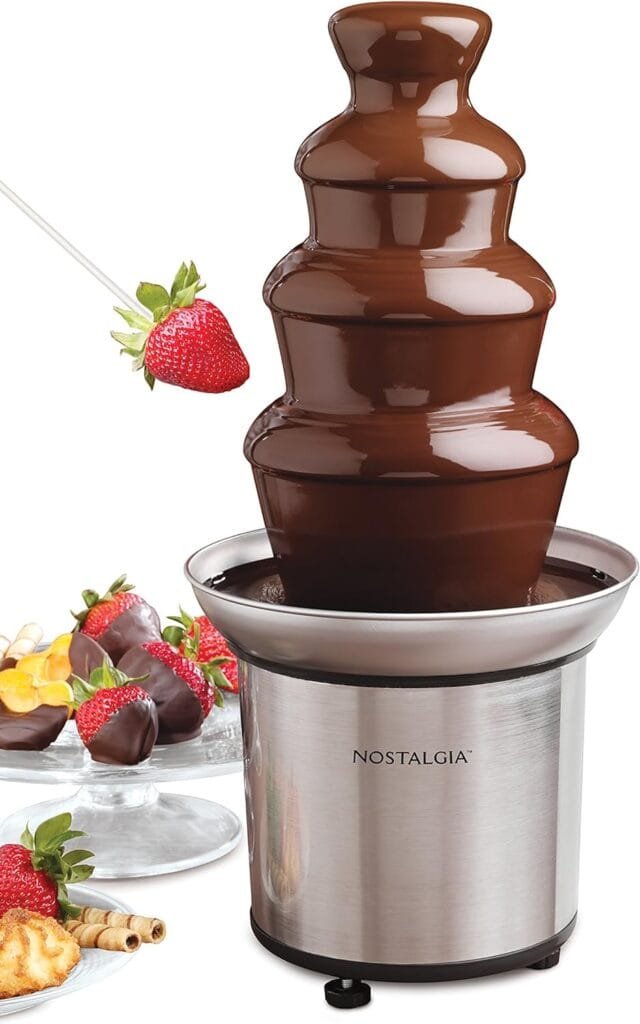 Nostalgia CFF986 32-Ounce Stainless Steel Chocolate Fondue Fountain, 2-Pound Capacity, Easy to Assemble 4 Tiers, Perfect For Nacho Cheese, BBQ Sauce, Ranch, Liqueurs