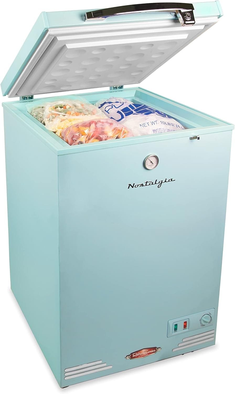 Nostalgia Classic Retro 3.5 Cu.Ft. Chest Freezer and Refrigerator All in One, Includes Rolling Wheels, Portable, Indoor/Outdoor, Lock and Keys, Removable Basket, Adjustable Temperature Dial with Gauge