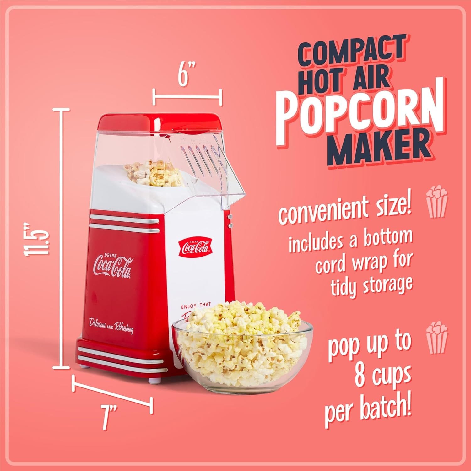 Nostalgia Hot-Air Electric Popcorn Maker, 8 Cups, Healthy Oil Free Popcorn with Measuring Scoop, Retro Red