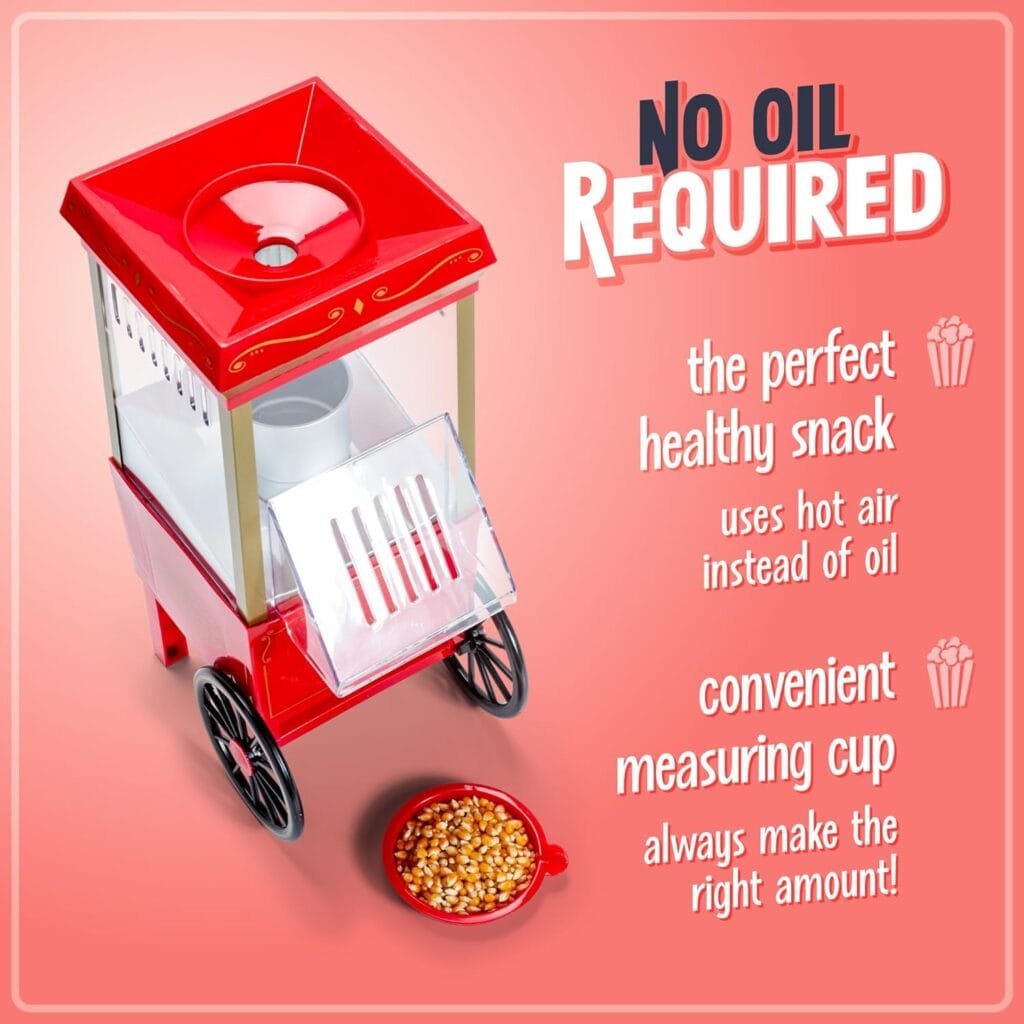 Nostalgia Popcorn Maker, 12 Cups, Hot Air Popcorn Machine with Measuring Cap, Oil Free, Vintage Movie Theater Style, Red Nostalgia Popcorn Maker, 12 Cups, Hot Air Popcorn Machine with Measuring Cap, Oil Free, Vintage Movie Theater Style, Red