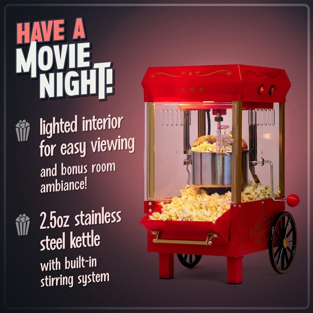 Nostalgia Popcorn Maker Machine - Professional Cart With 2.5 Oz Kettle Makes Up to 10 Cups - Vintage Popcorn Machine Movie Theater Style - Red  White Nostalgia Popcorn Maker Machine - Professional Cart With 2.5 Oz Kettle Makes Up to 10 Cups - Vintage Popcorn Machine Movie Theater Style - Red  White
