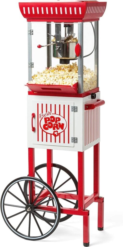 Nostalgia Popcorn Maker Machine - Professional Cart With 2.5 Oz Kettle Makes Up to 10 Cups - Vintage Popcorn Machine Movie Theater Style - Red  White Nostalgia Popcorn Maker Machine - Professional Cart With 2.5 Oz Kettle Makes Up to 10 Cups - Vintage Popcorn Machine Movie Theater Style - Red  White