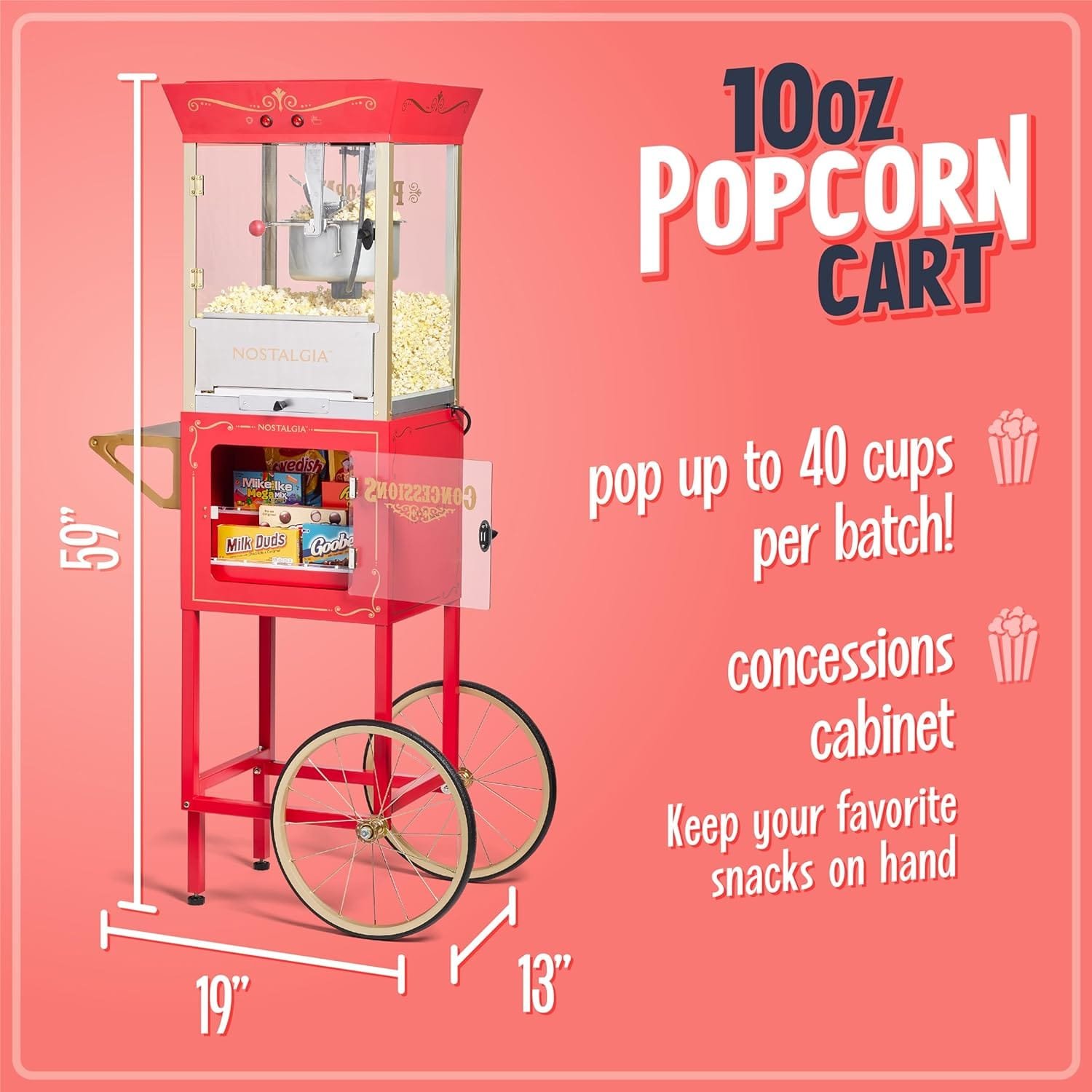 Nostalgia Popcorn Maker Machine - Professional Cart With 8 Oz Kettle Makes Up to 32 Cups - Vintage Popcorn Machine Movie Theater Style - Red Nostalgia Popcorn Maker Machine - Professional Cart With 8 Oz Kettle Makes Up to 32 Cups - Vintage Popcorn Machine Movie Theater Style - Red