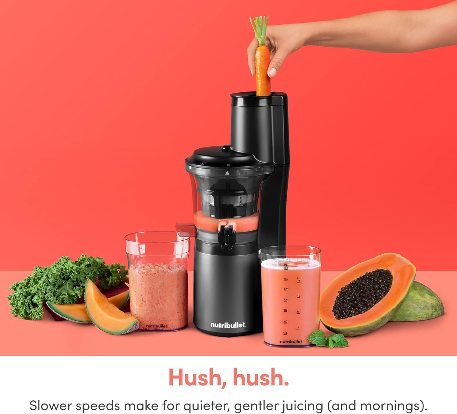 nutribullet Slow Juicer, Slow Masticating Juicer Machine, Easy to Clean, Quiet Motor  Reverse Function, BPA-Free, Cold Press Juicer with Brush, 150 Watts, Charcoal Black, NBJ50300, 24-oz