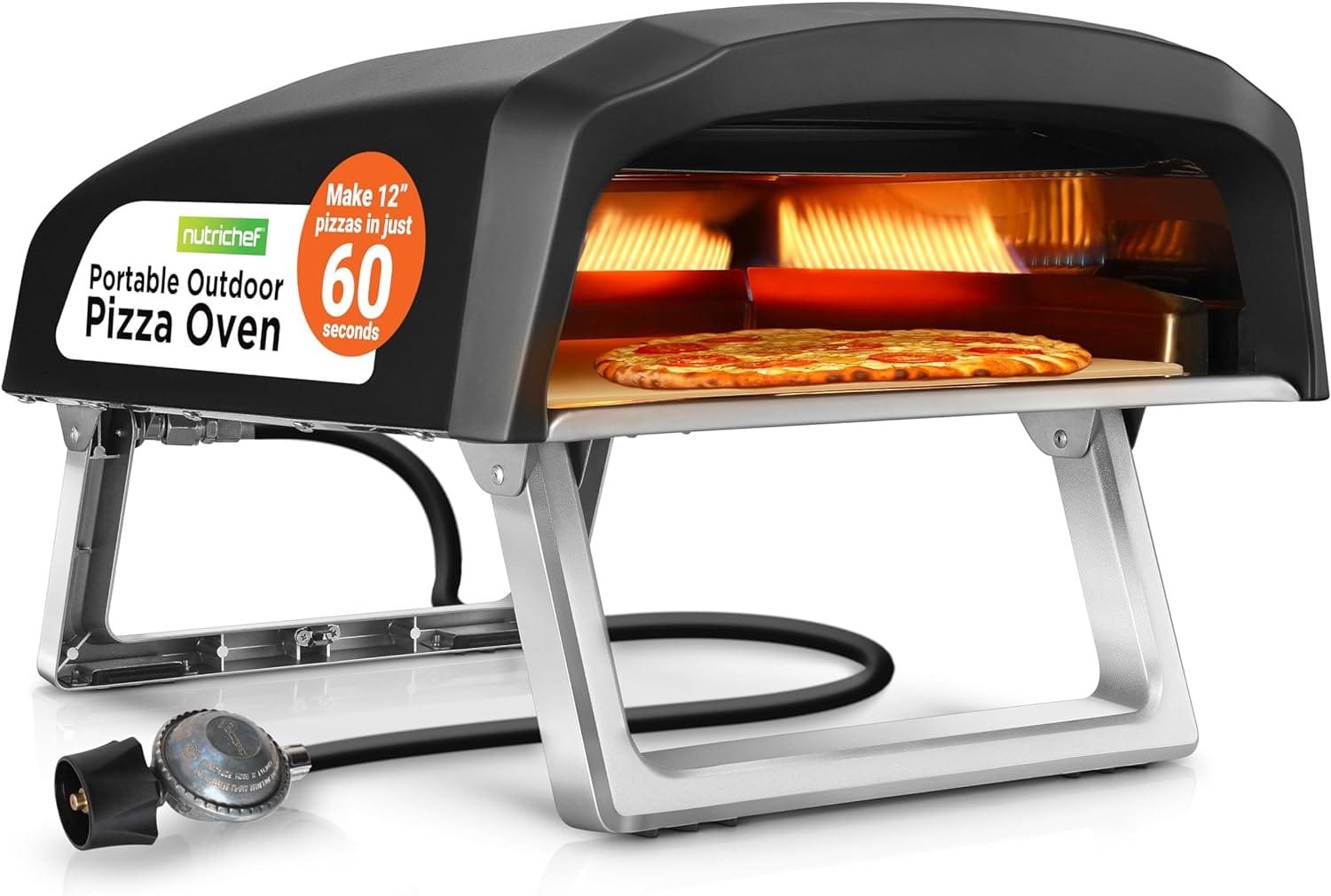 NutriChef Portable Outdoor Gas Pizza Oven - Includes Foldable Feet, Adjustable Heat Control Dial, Burner, Stone  Regulator Hose - Cooks 12 Pizza in 60 Seconds - 25.24 x 16.14 x 12.40 IN