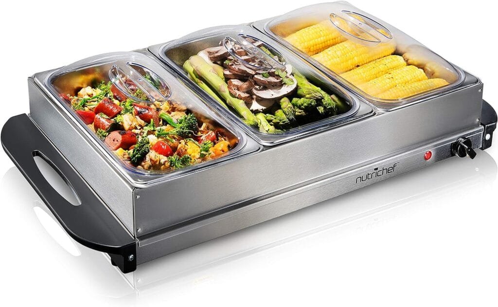 Nutrichef Professional Stainless Steel Buffet Warmer Server with 3 Trays | Portable Hot Plate Food Warmer Station for Parties  Events | Easy to Clean | 3 See-through lids | Max Temperature 175F Nutrichef Professional Stainless Steel Buffet Warmer Server with 3 Trays | Portable Hot Plate Food Warmer Station for Parties  Events | Easy to Clean | 3 See-through lids | Max Temperature 175F