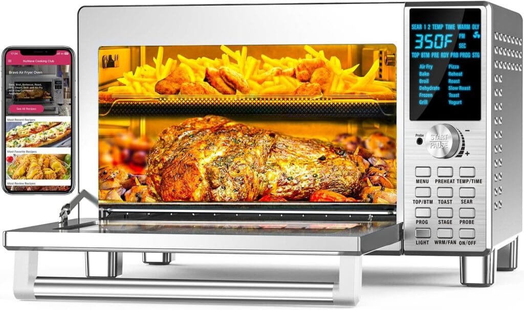 Nuwave Bravo Convection Toaster Ovens Air Fryer Combo with 30QT Large Capacity For A Whole Chicken and 13 Pizza. Multi-Layer Cooking, Probe Feature, 100+ Presets One-Touch Smart Control Countertop