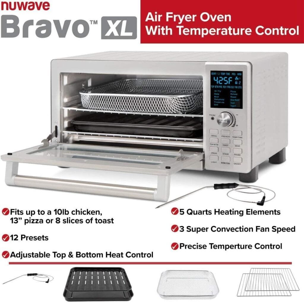 Nuwave Bravo Convection Toaster Ovens Air Fryer Combo with 30QT Large Capacity For A Whole Chicken and 13 Pizza. Multi-Layer Cooking, Probe Feature, 100+ Presets One-Touch Smart Control Countertop