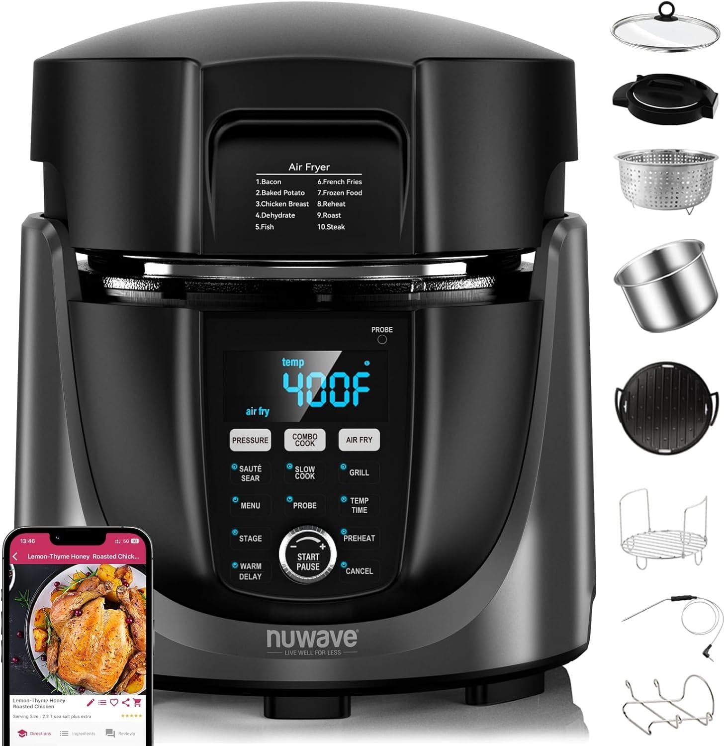 nuwave-duet-electric-pressure-cooker-air-fryer-combo-450-in-1-slow-cooker-grill-with-integrated-digital-temp-probe-6qt-s - Cooking Appliance World