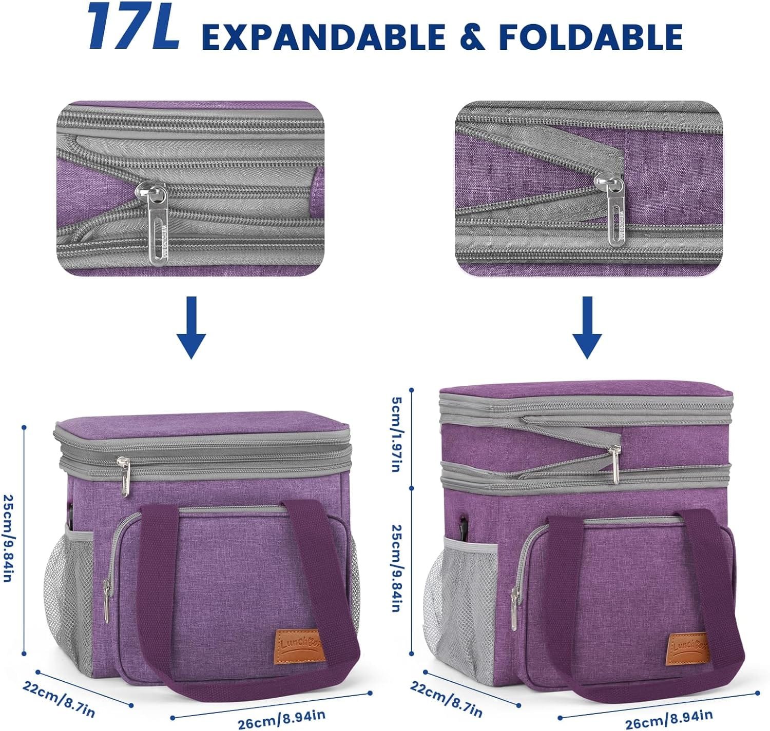 OCKLILY Lunch Box for Men, 17L Insulated Cooler Lunch Bag Women Expandable Double Deck Lunch Cooler Bag,Lightweight Leakproof Lunch Tote Bag, Suit For Work Travel Picnic (Black)