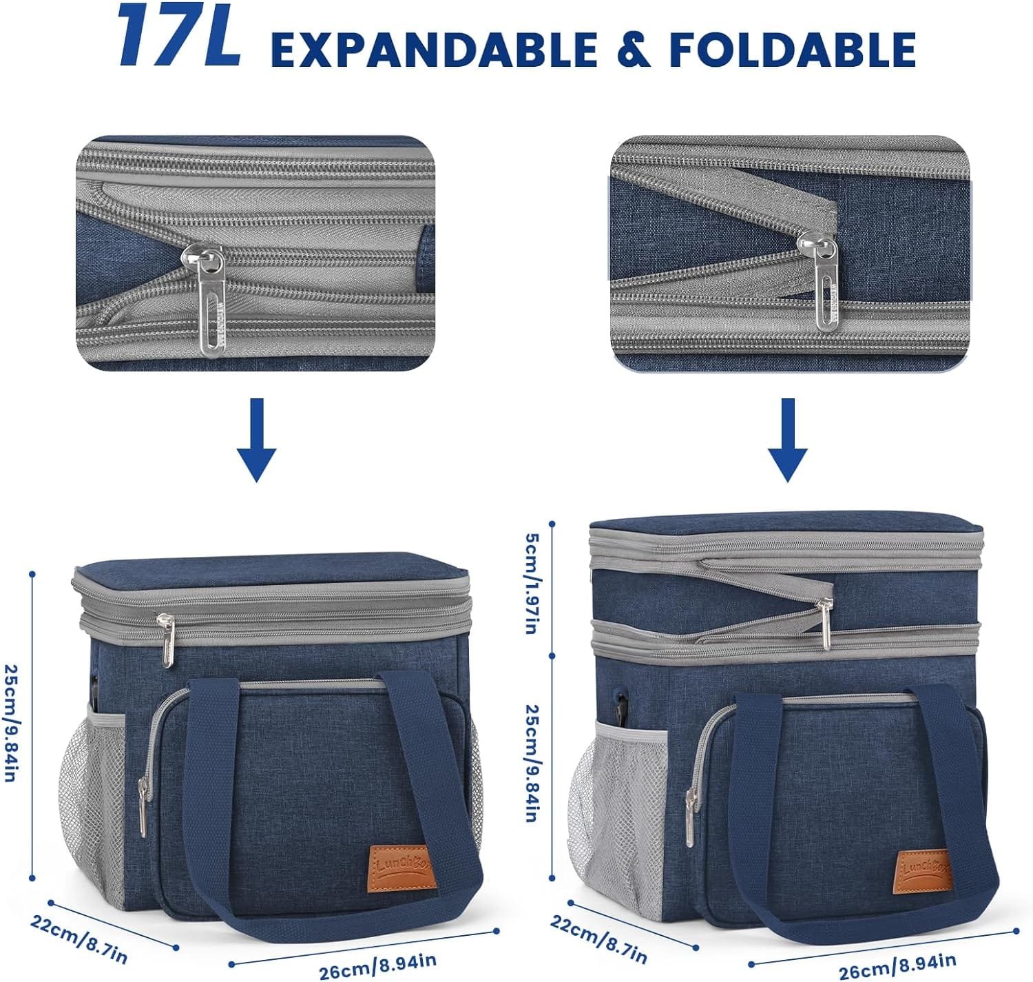 OCKLILY Lunch Box for Men, 17L Insulated Cooler Lunch Bag Women Expandable Double Deck Lunch Cooler Bag,Lightweight Leakproof Lunch Tote Bag, Suit For Work Travel Picnic (Black)