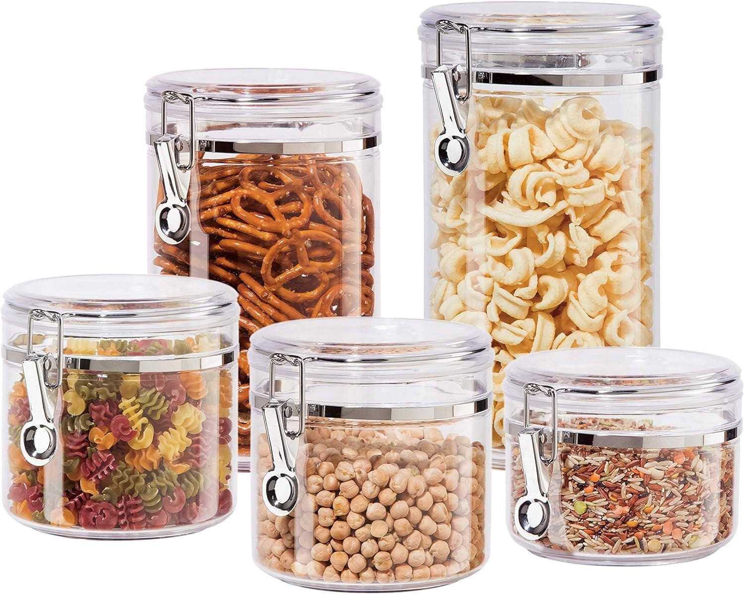 Oggi 5pc Clear Canister Set with Clamp Lids Airtight Containers in Sizes Ideal for Kitchen Pantry Storage of Bulk, Dry Foods Including Flour, Sugar, Coffee, Rice, Tea, Spices Herbs Oggi 5pc Clear Canister Set with Clamp Lids Airtight Containers in Sizes Ideal for Kitchen Pantry Storage of Bulk, Dry Foods Including Flour, Sugar, Coffee, Rice, Tea, Spices Herbs