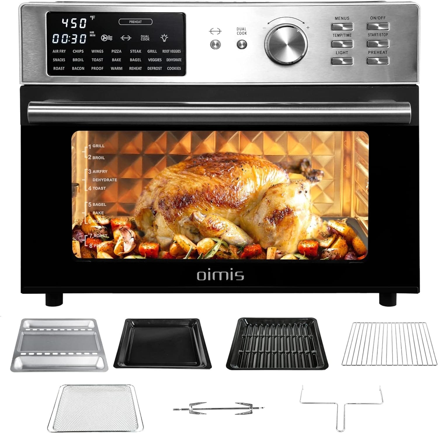 OIMIS Air Fryer Toaster Oven, 32QT Stainless Steel Toaster Oven 21-in-1 Extra Large Countertop Convection Rotisserie Oven Patented Dual Air Duct System with 7 Accessories Recipes OIMIS Air Fryer Toaster Oven, 32QT Stainless Steel Toaster Oven 21-in-1 Extra Large Countertop Convection Rotisserie Oven Patented Dual Air Duct System with 7 Accessories Recipes