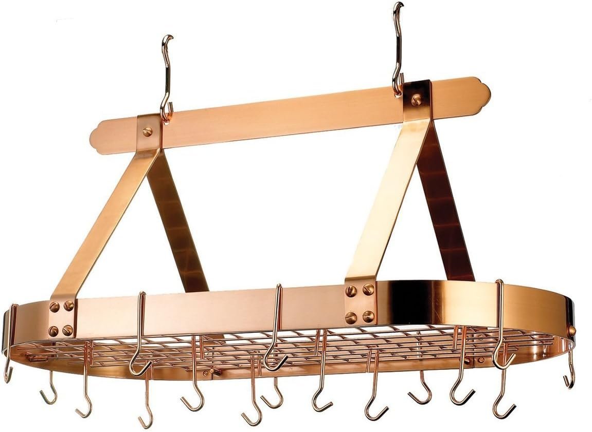 Old Dutch Oval Steel Pot Rack w. Grid  16 Hooks, Oiled Bronze, 36 x 19 x 15.5