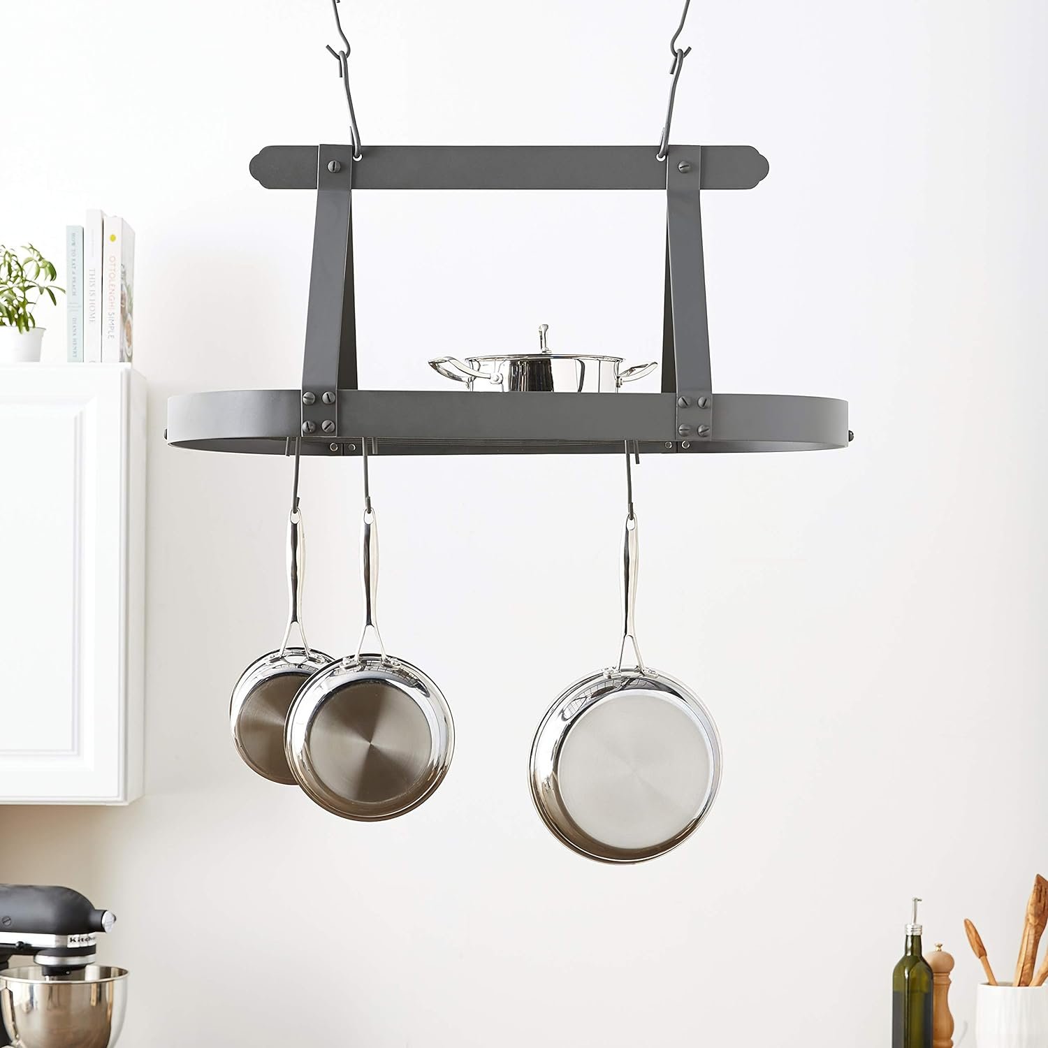 Old Dutch Oval Steel Pot Rack w. Grid  16 Hooks, Oiled Bronze, 36 x 19 x 15.5