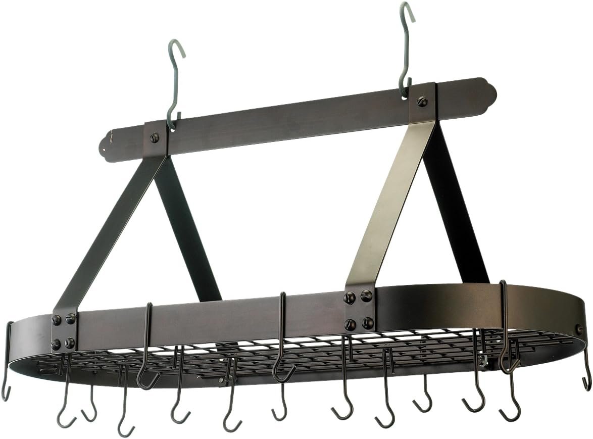 Old Dutch Oval Steel Pot Rack w. Grid  16 Hooks, Oiled Bronze, 36 x 19 x 15.5
