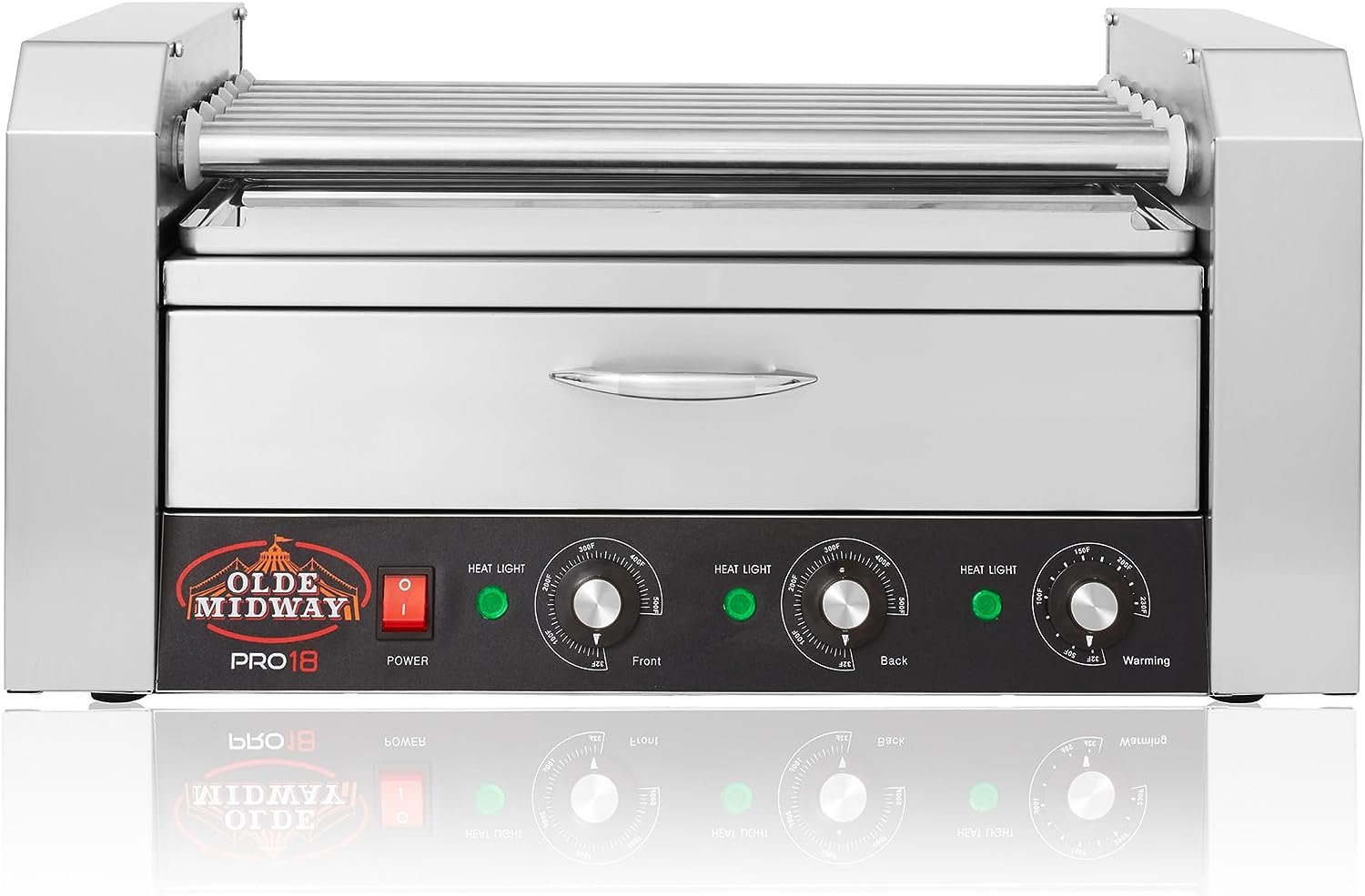 Olde Midway Electric 30 Hot Dog 11 Roller Grill Cooker Machine with Bun Warming Drawer - Commercial Grade, Stainless Steel