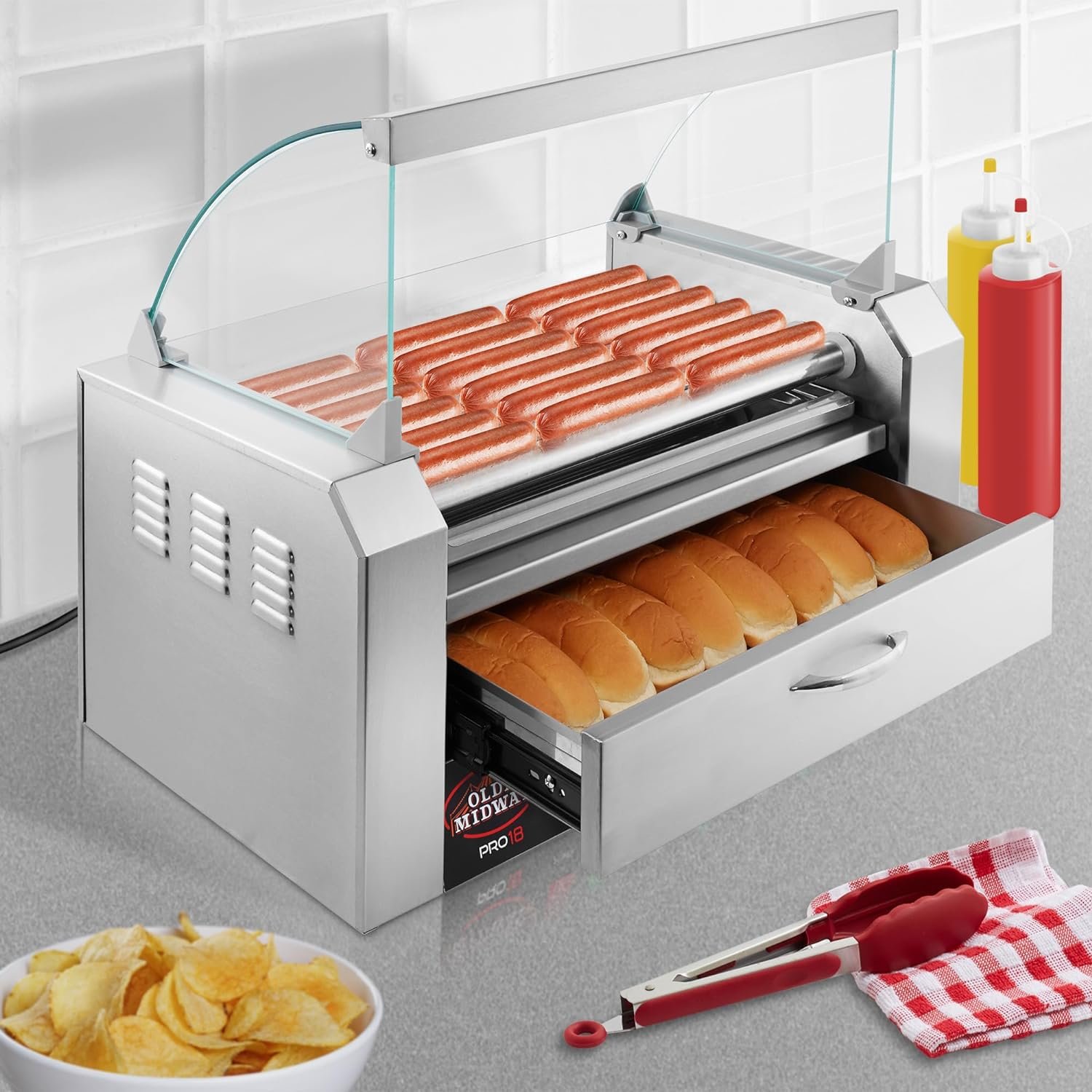 Olde Midway Electric 30 Hot Dog 11 Roller Grill Cooker Machine with Bun Warming Drawer - Commercial Grade, Stainless Steel