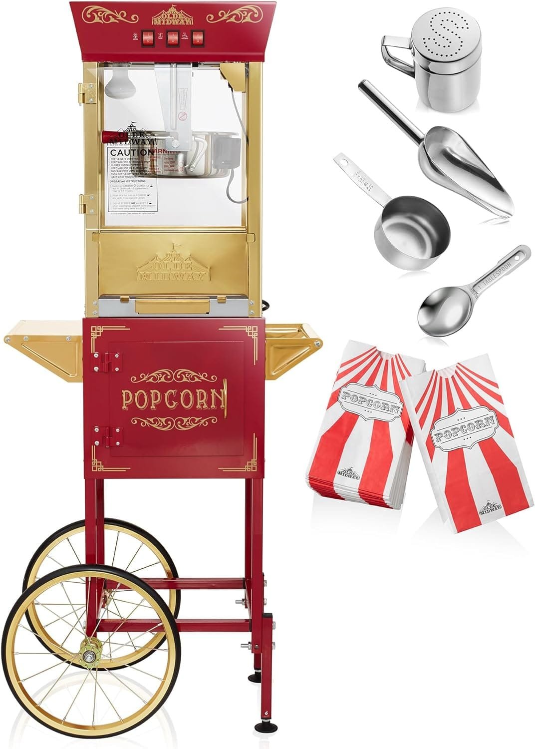 Olde Midway Movie Theater-Style Popcorn Machine Maker with Cart and 10-Ounce Kettle - Red, Vintage-Style Popper on Wheels