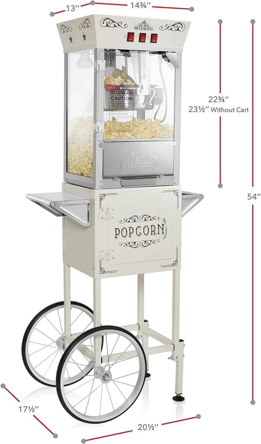 Olde Midway Movie Theater-Style Popcorn Machine Maker with Cart and 10-Ounce Kettle - Red, Vintage-Style Popper on Wheels