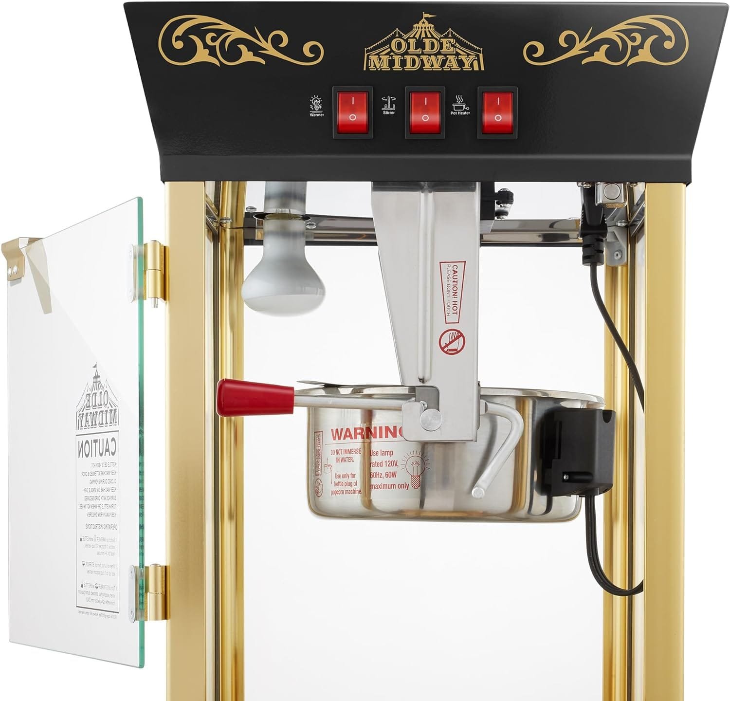 Olde Midway Movie Theater-Style Popcorn Machine Maker with Cart and 10-Ounce Kettle - Red, Vintage-Style Popper on Wheels