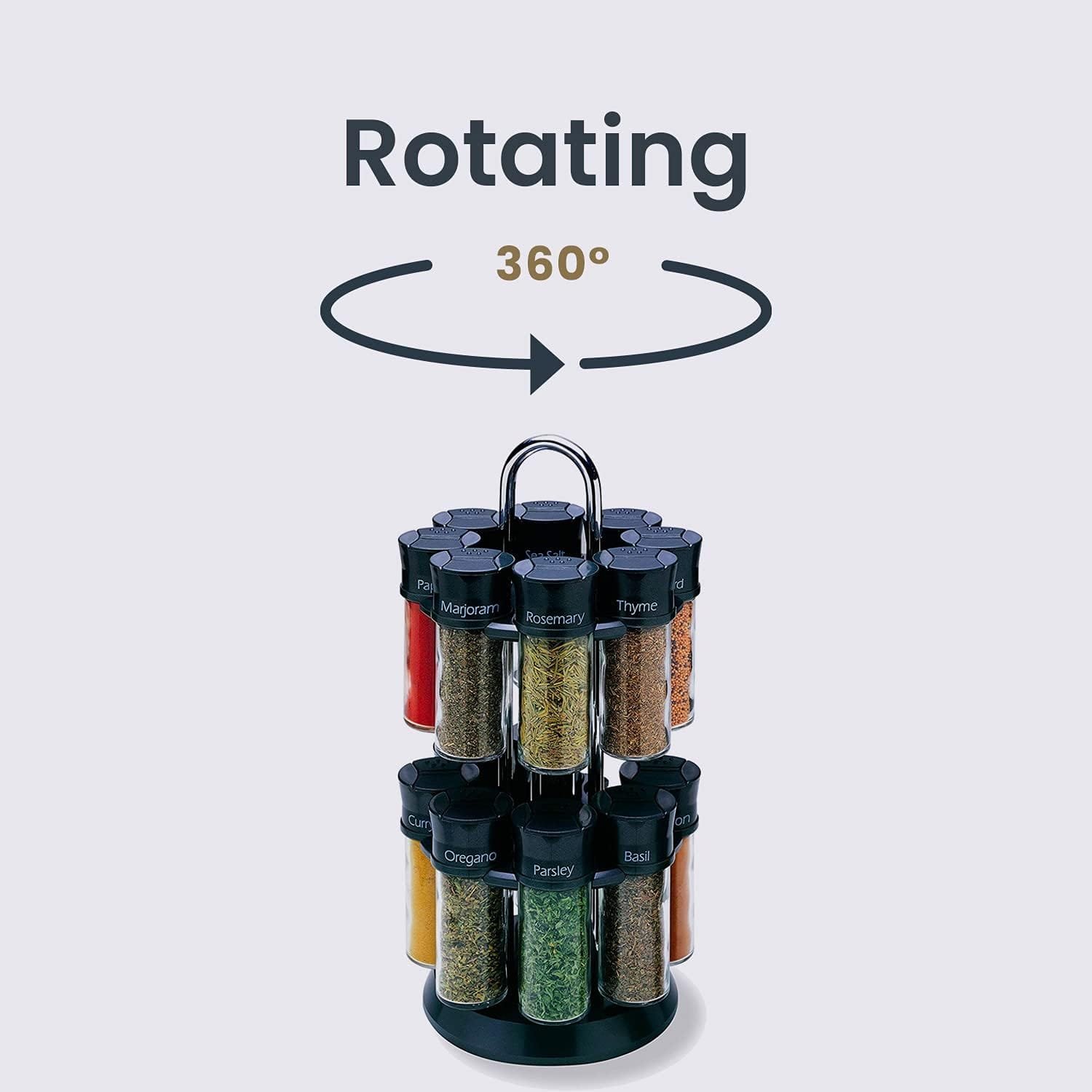 Olde Thompson Since 1944 Orbit Rotating Rack, 16 Refillable Spice Jars, Labeled Shaker Tops, 45, Black, Clear