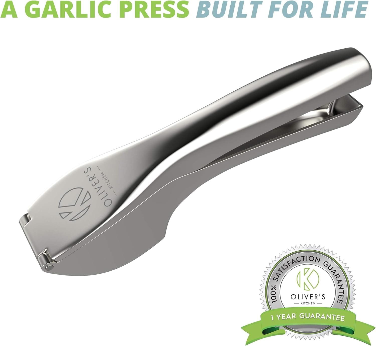 Olivers Kitchen ® Premium Garlic Press - Super Easy to Use  Clean Garlic Crusher  Mincer - Crush Garlic  Ginger Effortlessly (No Need to Peel) - Built for Life - Strong  Durable - Stylish Design