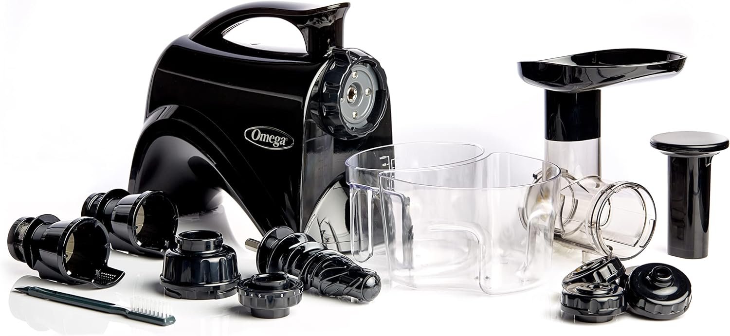 Omega Juicer NC900HBK19 Juice Extractor and Nutrition System Slow Masticating Dual-Stage Extraction with Adjustable Settings, 150-Watt, Black