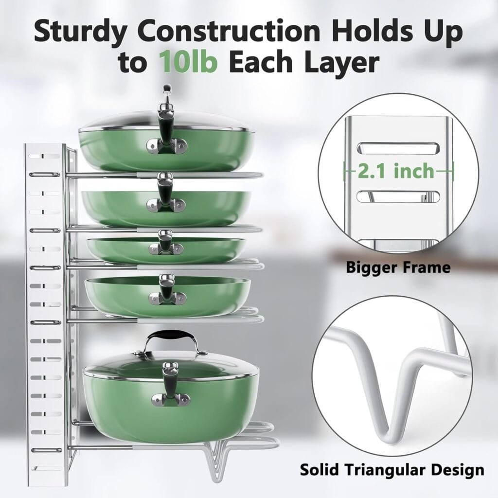 ORDORA 8 Tier Pot and Pan Organizer Rack for Cabinet With 3 DIY Methods, Adjustable Organizer for Pots, Pans and Lids