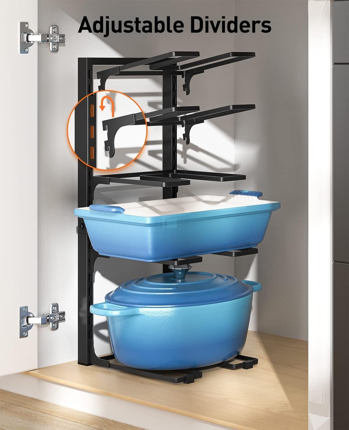 ORDORA Pots and Pans Organizer: under Cabinet, 21 Height Heavy Duty 120LBS Pots Pans Organizer Rack for under Cabinet 8-Tier Adjustable for Big Stockpots, Dutch Ovens, Cast-iron Pans, Heavy Cookware