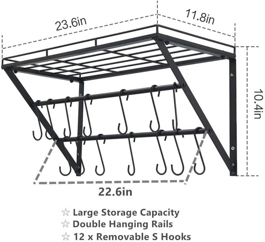 oropy-23-inch-wall-mounted-pot-rack-storage-shelf-with-2-tier-hanging-rails-12-s-hooks-included-ideal-for-pans-utensils-1-4 - Cooking Appliance World