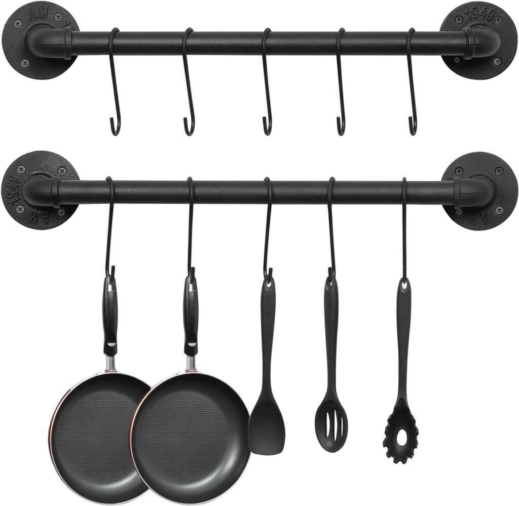 OROPY Wall Mounted Pot Pan Rack 21 Set of 2, Industrial Utensils Wall Hanger Iron Pipe Kitchen Hanging Rail with 10 S Hooks OROPY Wall Mounted Pot Pan Rack 21 Set of 2, Industrial Utensils Wall Hanger Iron Pipe Kitchen Hanging Rail with 10 S Hooks