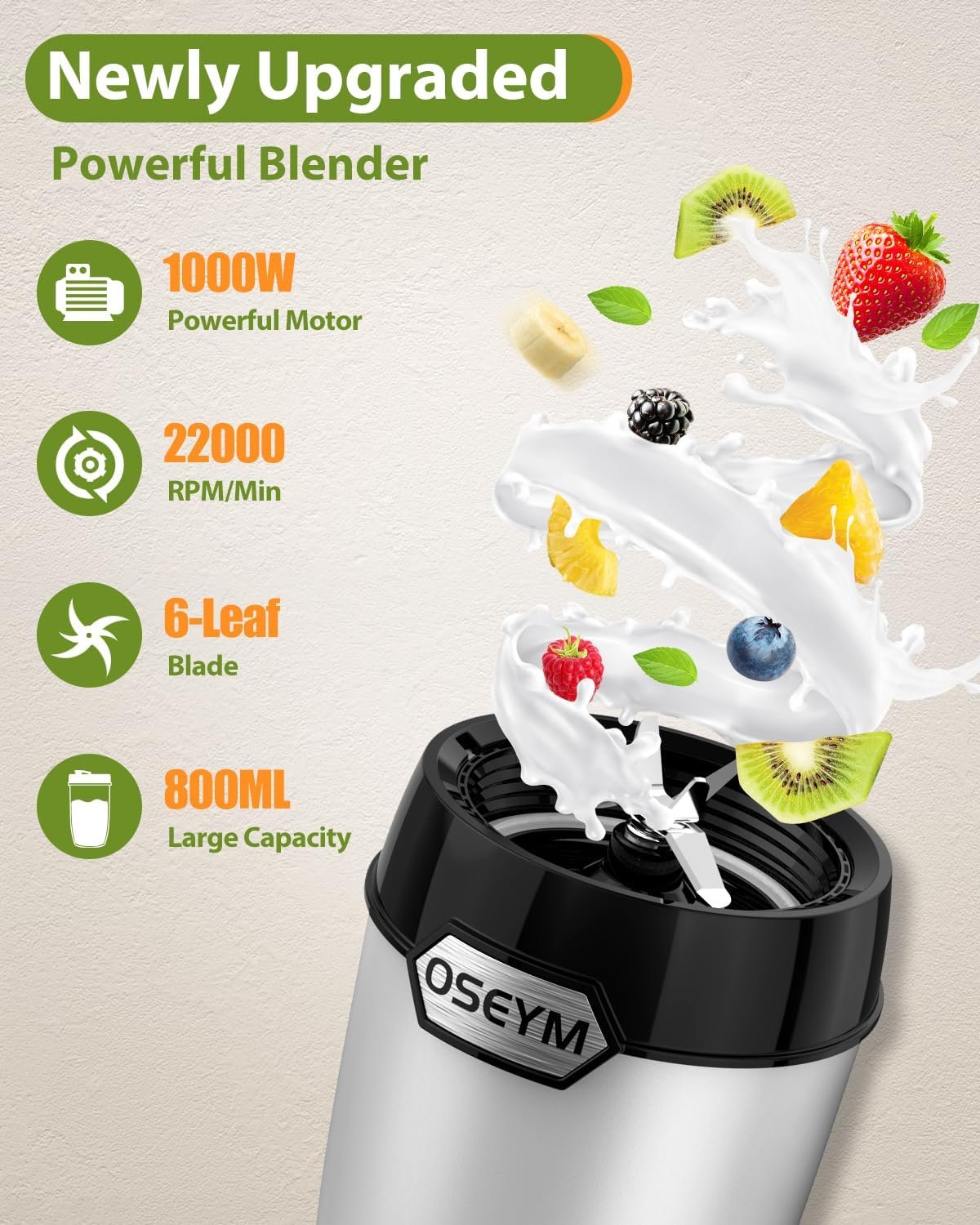 OSEYM Blender for Shakes and Smoothies, Large Size Personal Blenders for Kitchen Max 1000W High Power with Blending and Grinding, Countertop Blenders with 2 * 27 Oz  10 Oz BPA Free Travel Cup and Lid