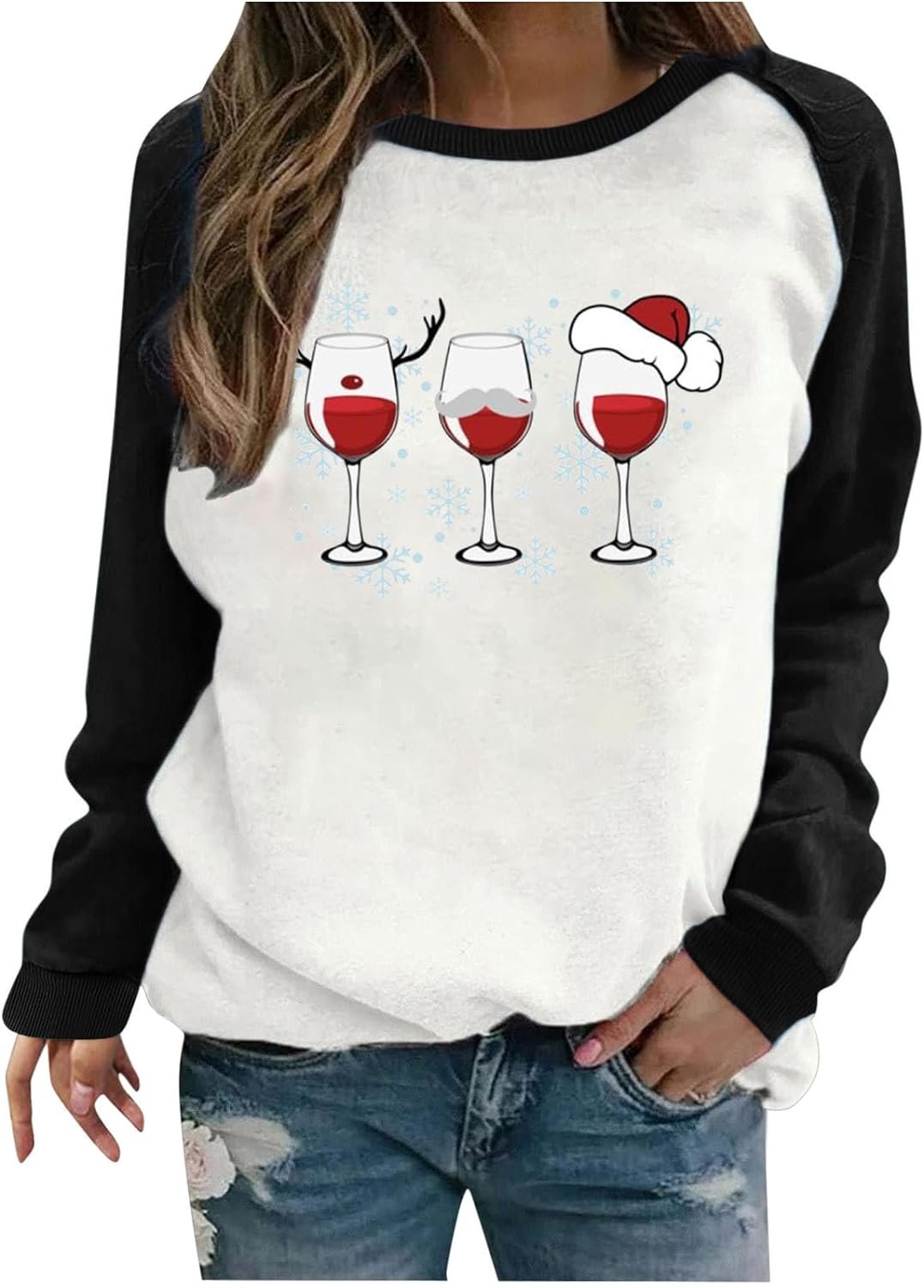 OSFVNOXV Christmas T-Shirts for Womens Reindeer Horn Red Goblets Graphic Crewneck Sweatshirts Casual Fashion Print Tunic