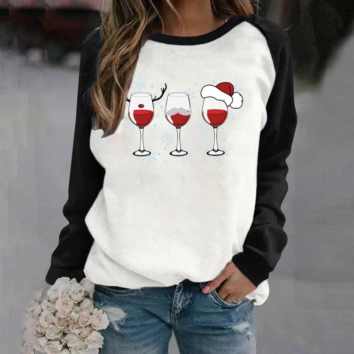 OSFVNOXV Christmas T-Shirts for Womens Reindeer Horn Red Goblets Graphic Crewneck Sweatshirts Casual Fashion Print Tunic
