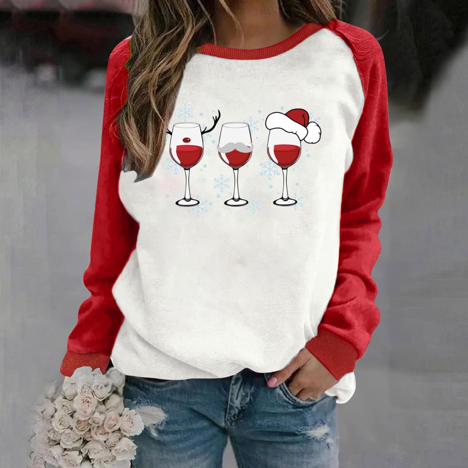 OSFVNOXV Christmas T-Shirts for Womens Reindeer Horn Red Goblets Graphic Crewneck Sweatshirts Casual Fashion Print Tunic