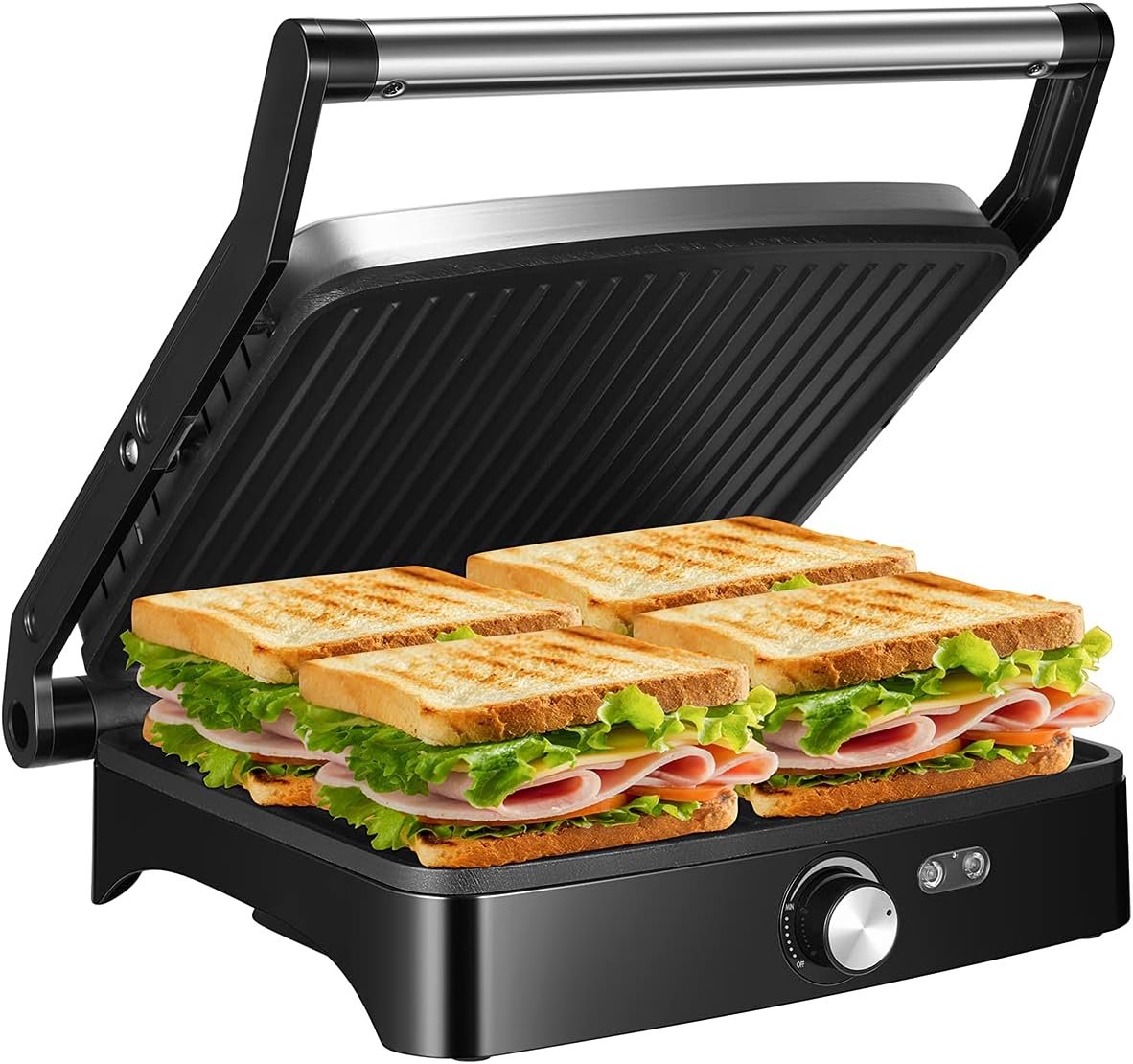 OSTBA 3 in 1 Sandwich Maker Panini Press Waffle Iron Set with 3 Removable Non-Stick Plates, 750W Toaster Perfect for Sandwiches Grilled Cheese Steak, Black