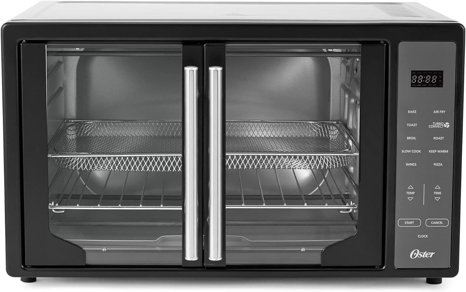Oster Extra Large Single Pull French Door Turbo Convection Toaster Oven w/ 2 Removable Baking Racks, 60-Minute Timer,  Adjustable Temperature, Black