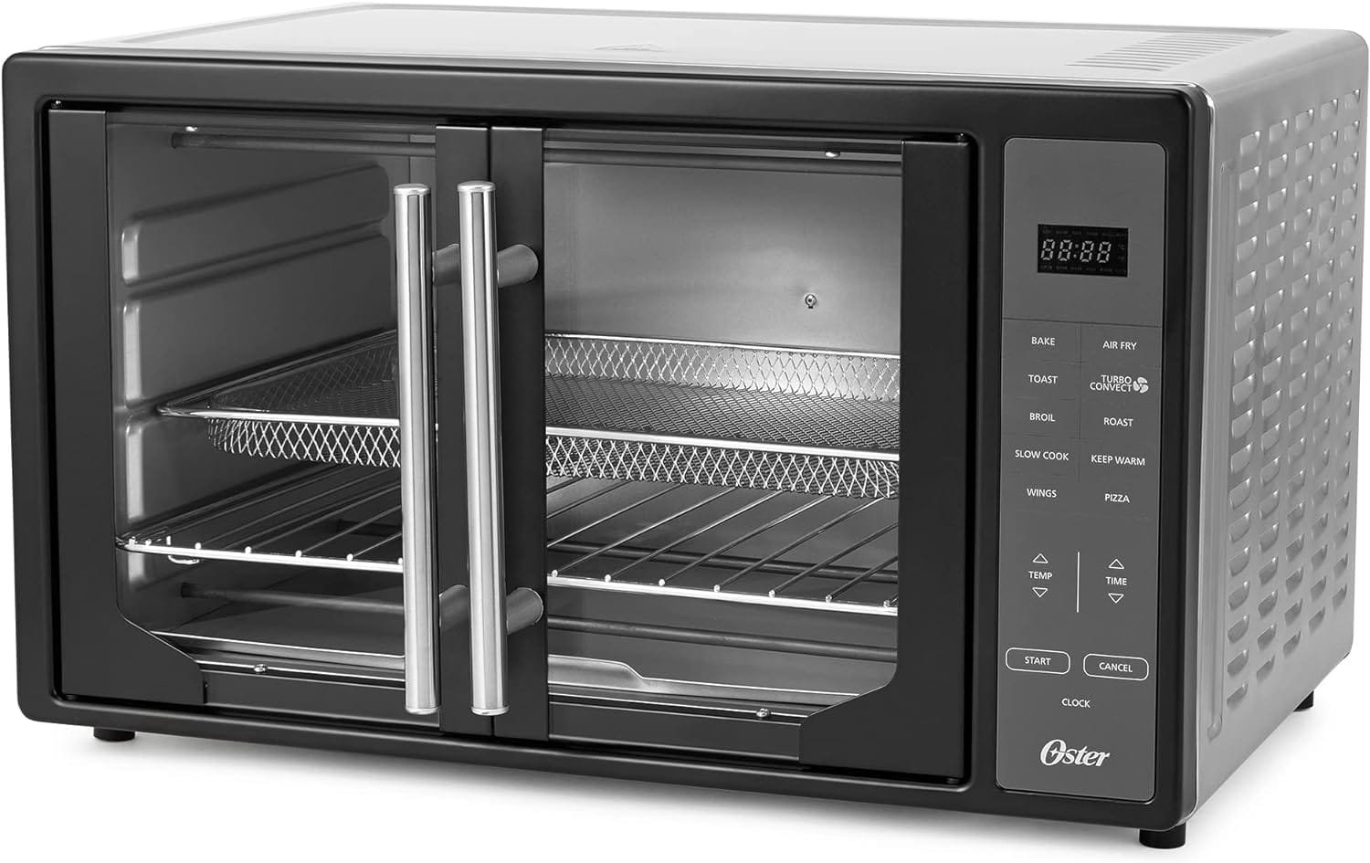 Oster Extra Large Single Pull French Door Turbo Convection Toaster Oven w/ 2 Removable Baking Racks, 60-Minute Timer,  Adjustable Temperature, Black