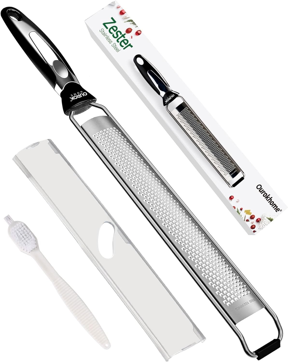 Ourokhome Kitchen Lemon Zester Grater, Stainless Steel Handheld Fine Zester tool for Lemon, Nutmeg, Parmesan Cheese, Chocolate, Ginger, Coconut, Citrus, Orange, Lime with Cleaning Brush (Black)