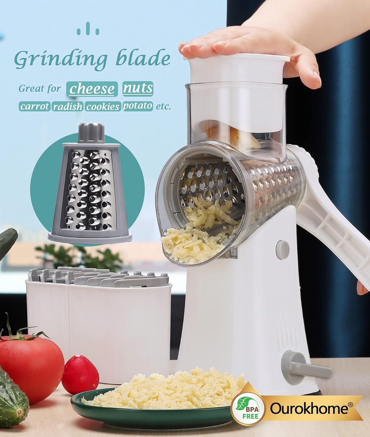 Ourokhome Rotary Cheese Grater Shredder, Multifunction 5 in 1 Kitchen Manual Speed Round Mandolin Food Slicer Vegetable Shooter Potato Hashbrown Grinder for Nut, Carrot, Radish, Cucumber, White…