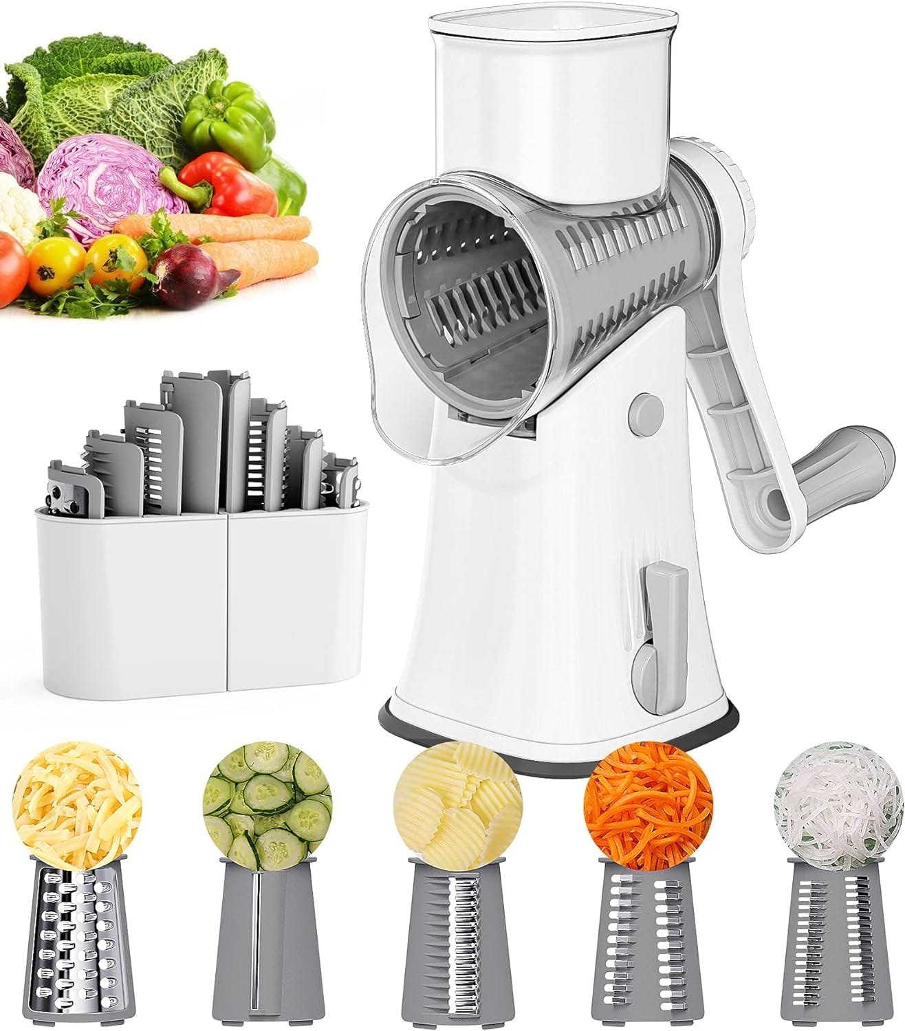 Ourokhome Rotary Cheese Grater Shredder, Multifunction 5 in 1 Kitchen Manual Speed Round Mandolin Food Slicer Vegetable Shooter Potato Hashbrown Grinder for Nut, Carrot, Radish, Cucumber, White…