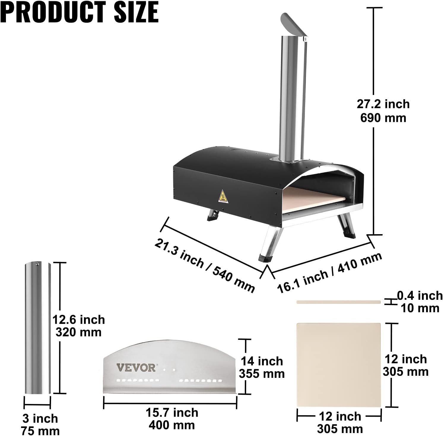 Outdoor Pizza Oven, 12-inch, Wood Pellet and Charcoal Fired Pizza Maker, Portable Outside Stainless Steel Pizza Grill with Pizza Stone, Waterproof Cover, Shovel, Wood Burner for Backyard Camping