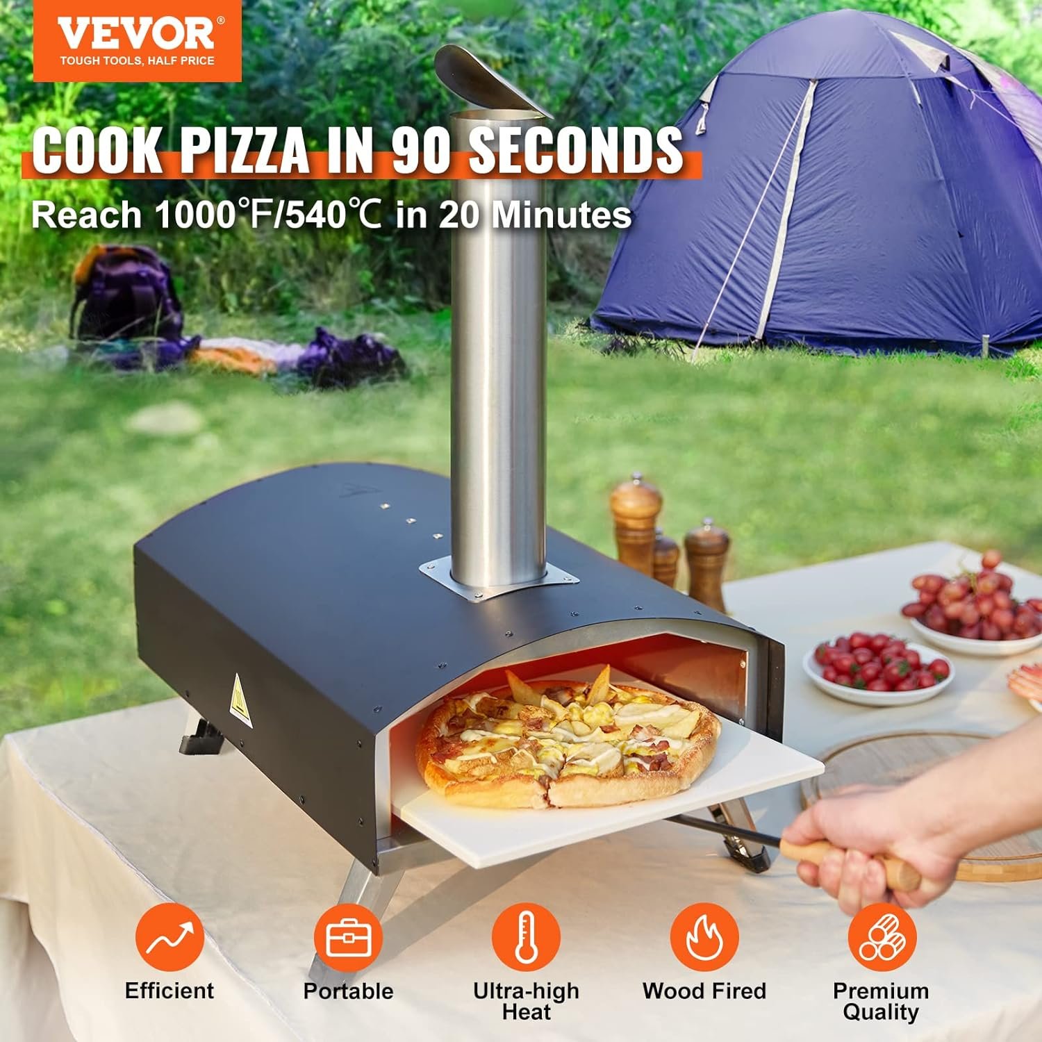 Outdoor Pizza Oven, 12-inch, Wood Pellet and Charcoal Fired Pizza Maker, Portable Outside Stainless Steel Pizza Grill with Pizza Stone, Waterproof Cover, Shovel, Wood Burner for Backyard Camping
